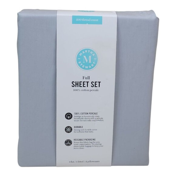 Martha Stewart Full Sheet Set 200 Thread Count Cotton Percale Gray - Picture 2 of 8